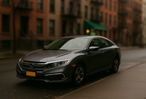 Gray Honda Civic parked on a NYC street, illustrating Staten Island car donation with Troops Relief Fund.