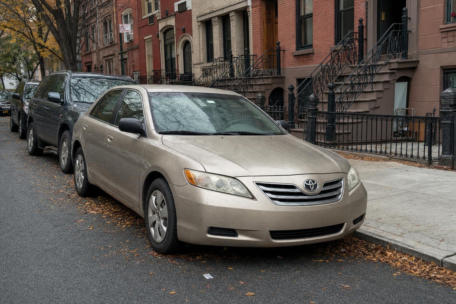 Older sedan parked beside brick rowhouses and brownstone stoops on a Brooklyn street in autumn.