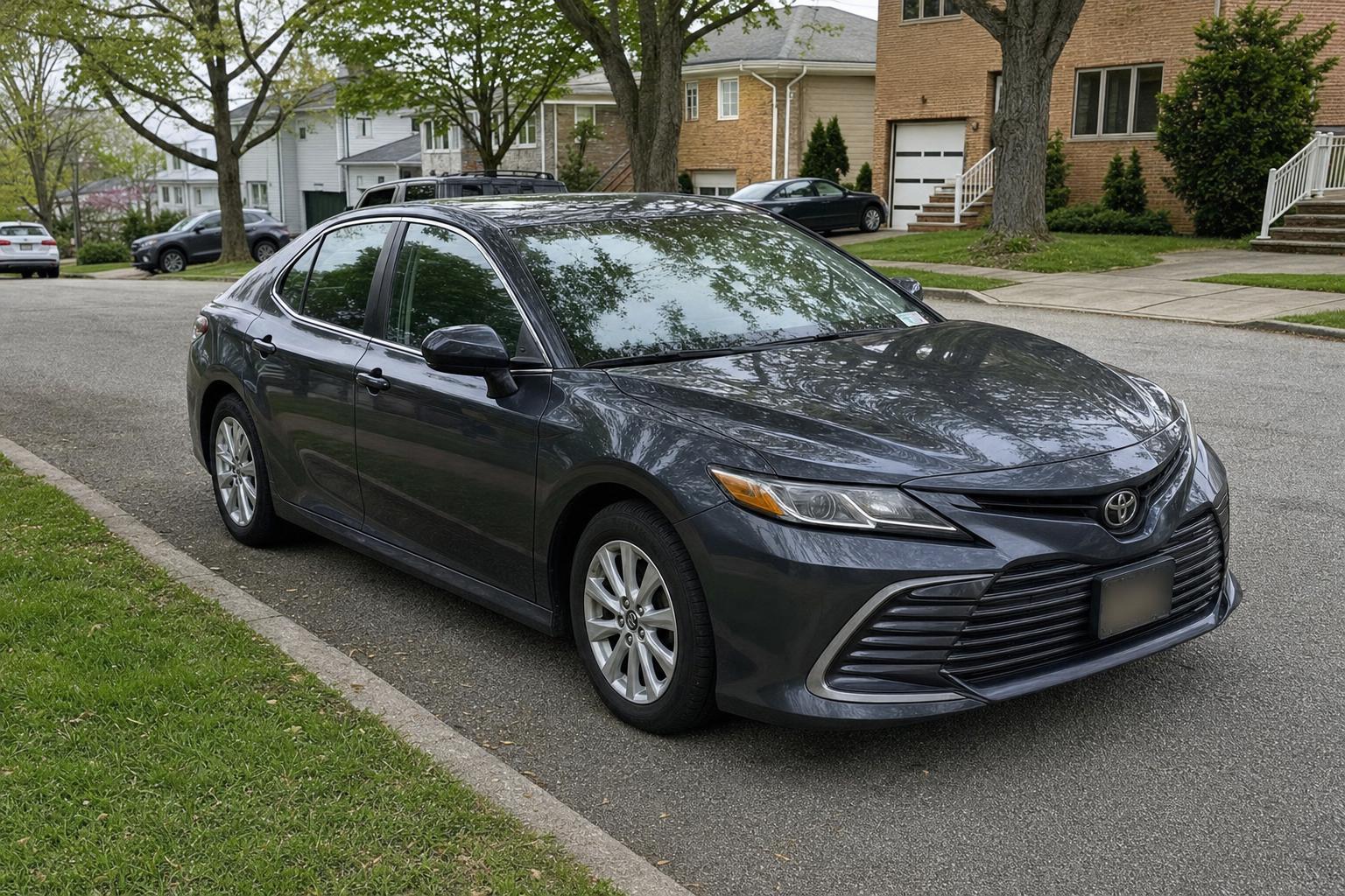 A parked car on a residential street in Staten Island with neighborhood homes behind it